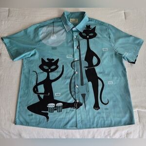 Royaura Mens XXL Teal Blue Bowling Shirt Mid Century Modern Jazz Cats